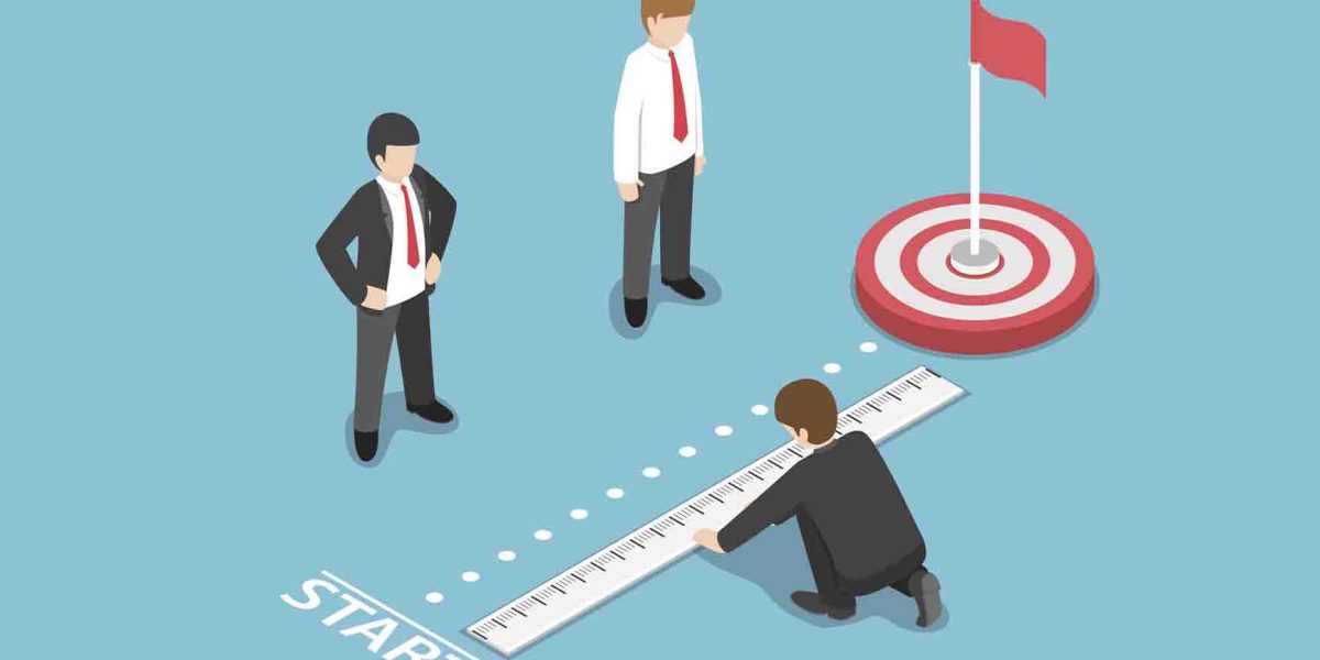 Flat 3d Isometric Businessman Measuring Distance Between Start Point and Target. Business Target Analysis Concept